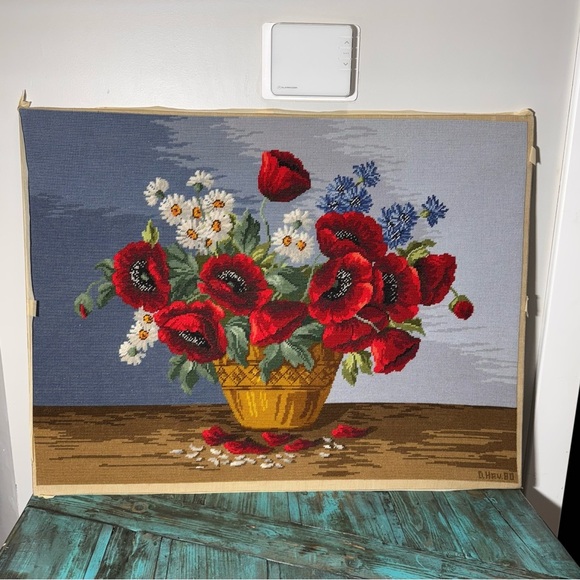 Vintage Large Needlepoint, Gobelin by Wiehler Poppies and Wild Flowers Unframed - Picture 2 of 10